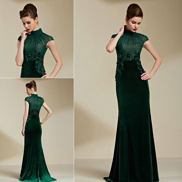 Plus Size Green Velvet Mother Of Bride Dress Custom Made High Collar