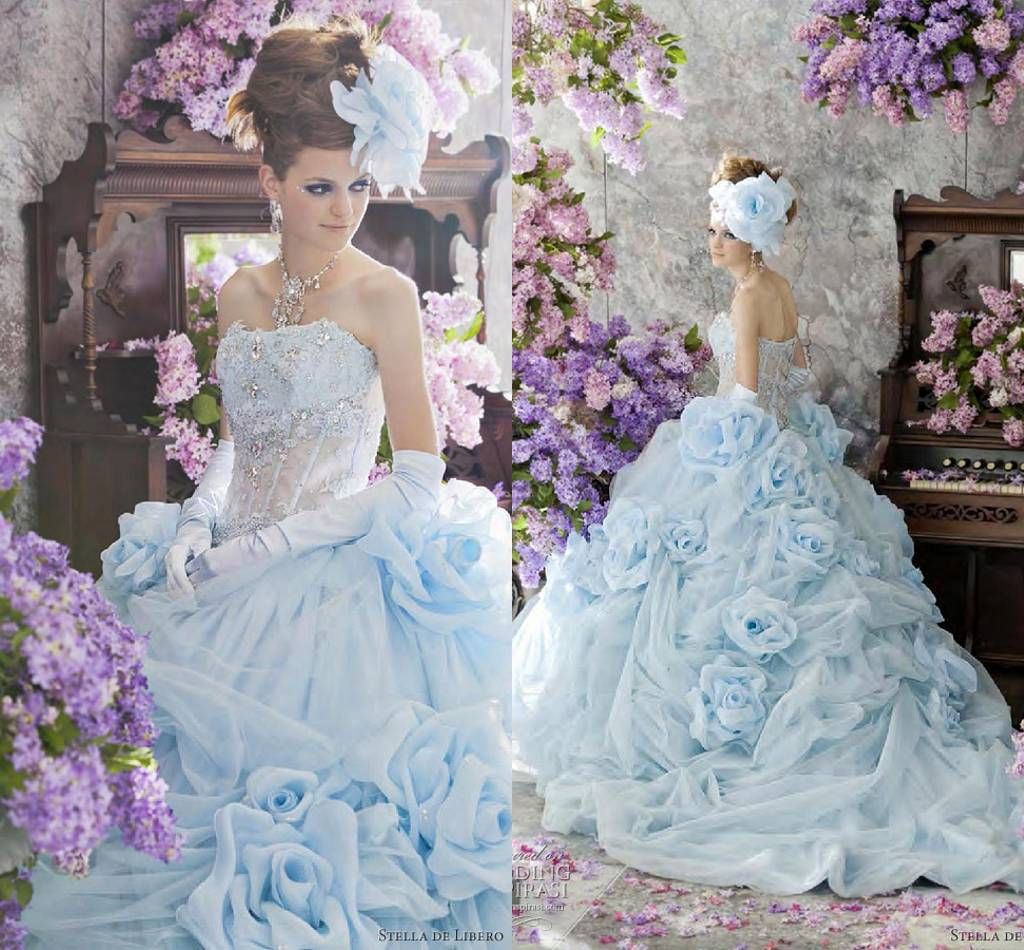 Discount Bridal 2015 Ball Gown Cheap Spring Crystal Blue Wedding Dress Sweetheart Strapless
