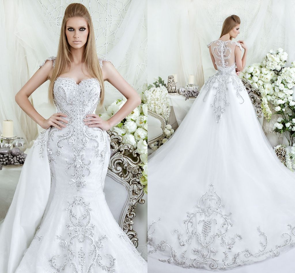 Bling Crystal Luxurious Mermaid Trumpet Wedding Dresses With Detachable Train Luxurious Vintage