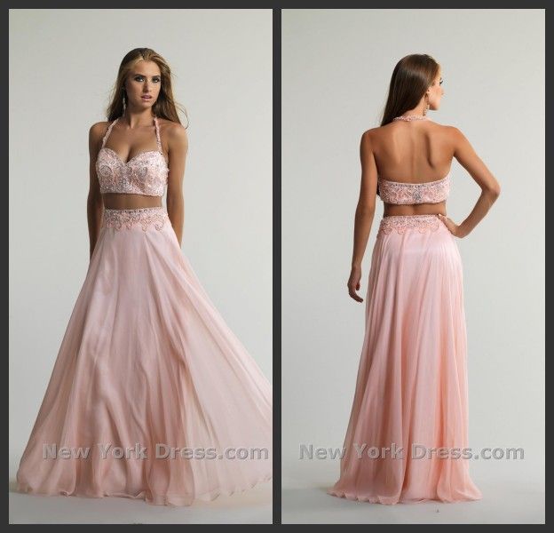 2015 Trends Two Piece Prom Dress Bikini Style Halter Beaded Bodice