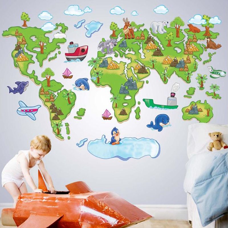 Map Of The World Decal Kids Cheap Hot Sale Animal Green World Map Wall Decal Removable Sticker Home Decor Kids Room Nursery
