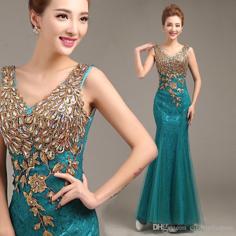 2017 Cheap In Stock Teal Embroidery Evening Dresses Gold Appliques
