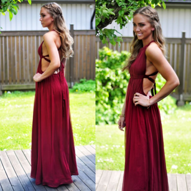 Fast Shipping Halter A Line Backless Chiffon Burgundy Maxi Prom Dresses Ls09803 Women Formal