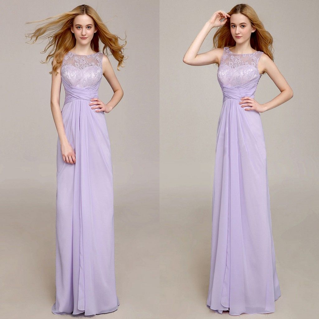 Lavender Long Bridesmaid Dresses Jewel Lace Top A Line Fashion Chiffon