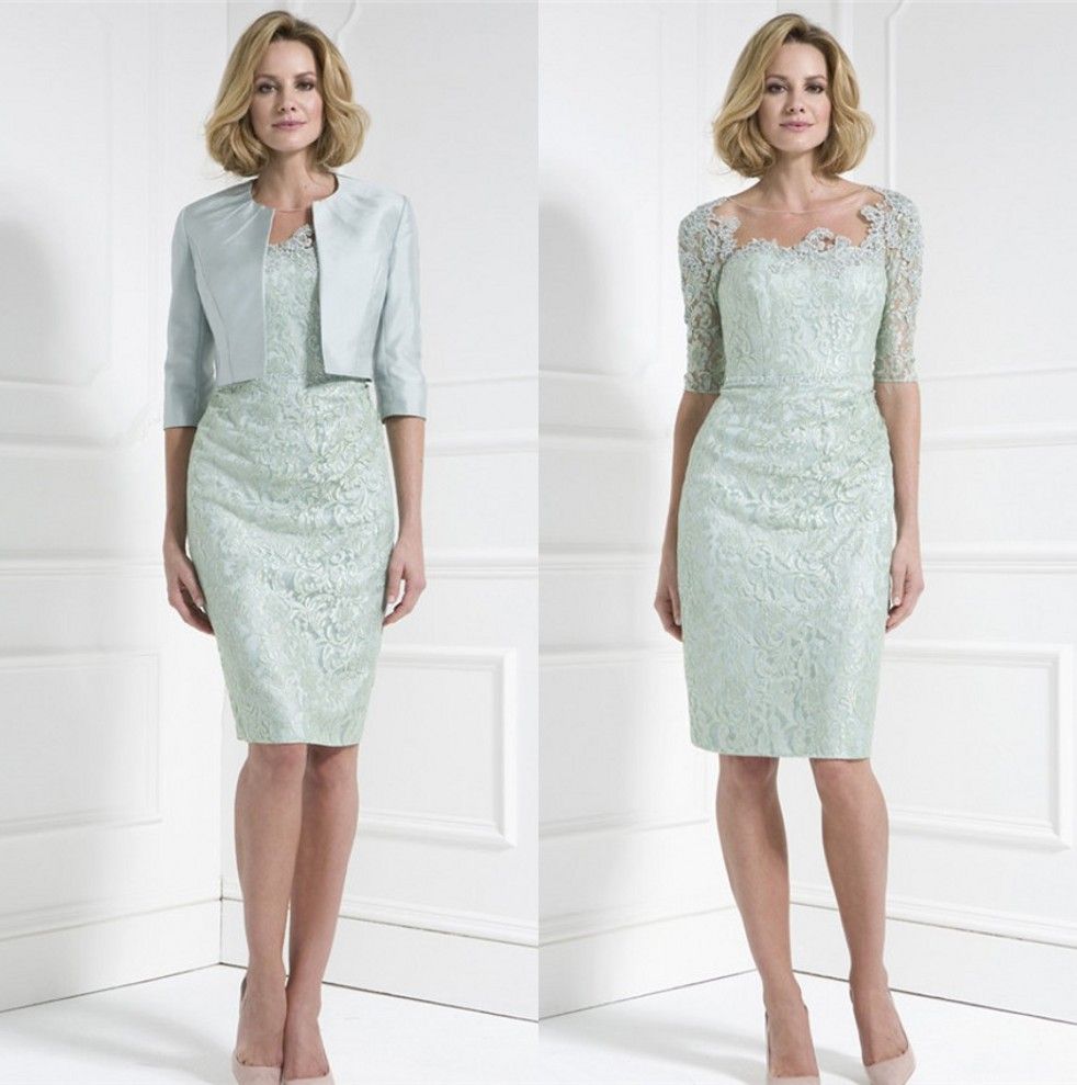 2016 Sage Lace Mother Off Bride Dresses With Sleeves Jacket Sheer Neck