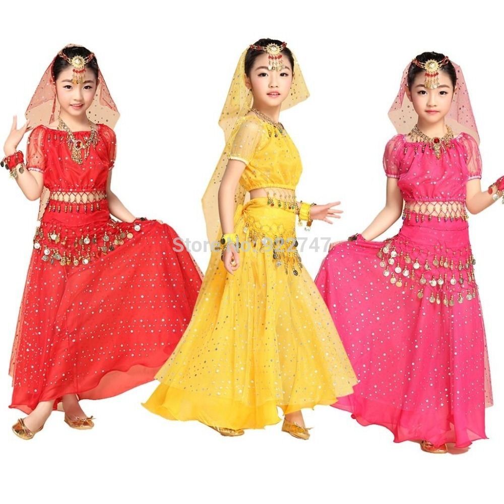 2015 Shiny Girls Kids Belly Dance Costume Set 5 PCS Bollywood Indian Dress Oriental Dancing Wear Disfraces Infantiles For Children