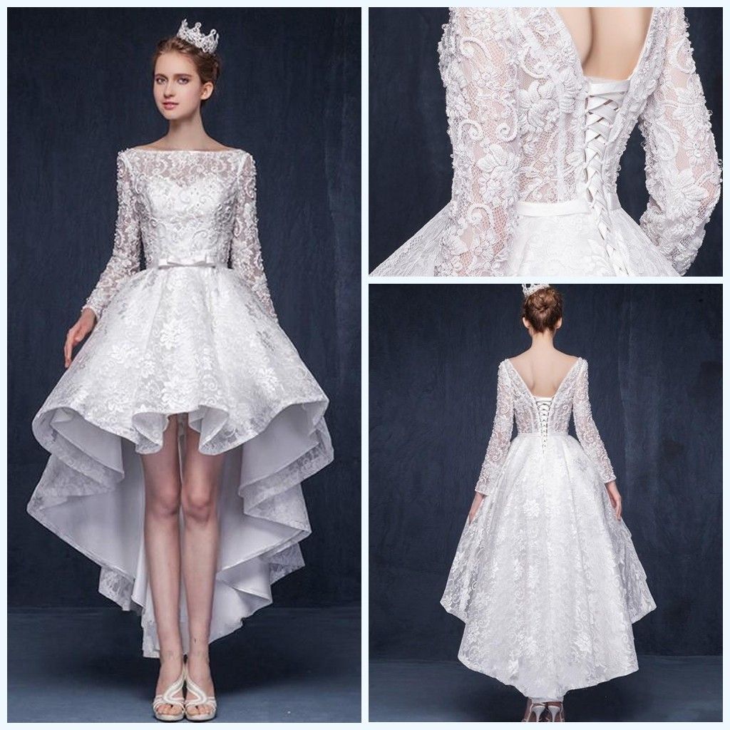 Discount Lace High Low Wedding Dresses With Long Sleeves 2016 Floral