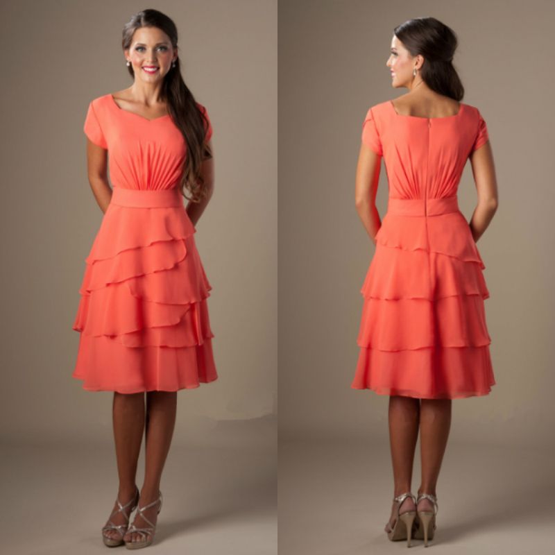 Coral Colored A Line Knee Length Chiffon Brides Maid Dress Modest