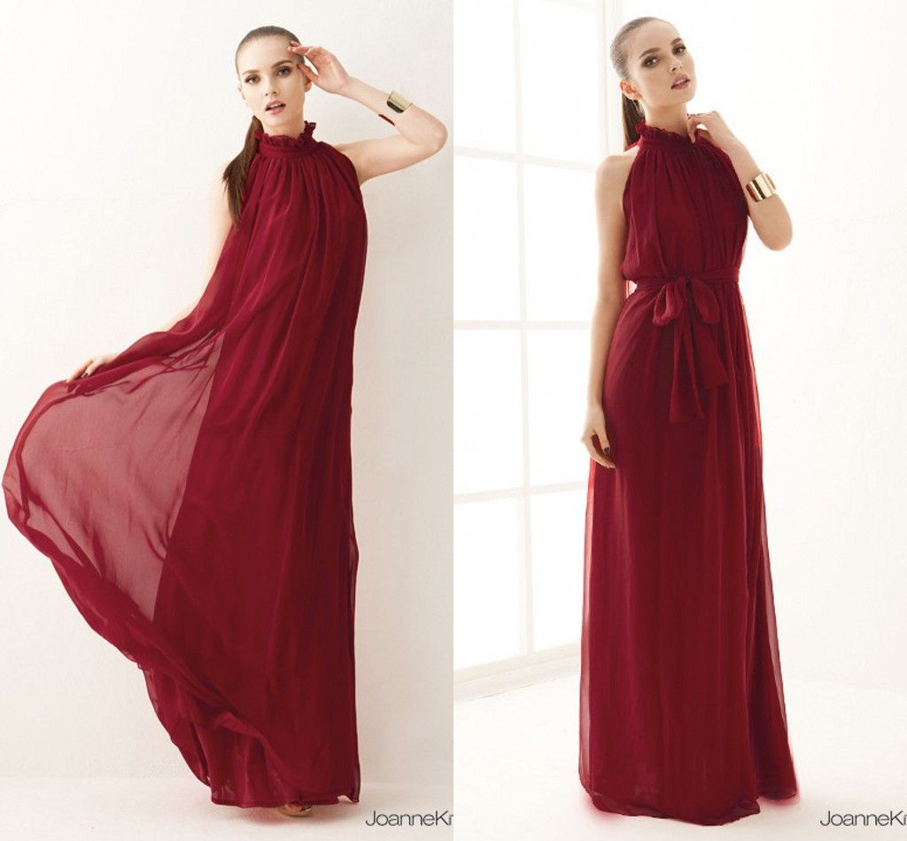Wine Red Simple Long Chiffon Prom Dresses 2015 Stylish Junior