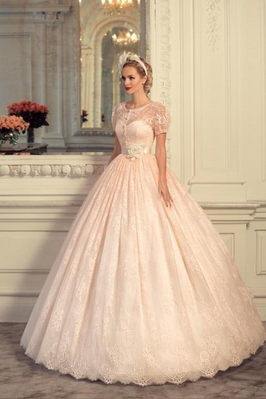 Peach Ball Gown Wedding Dresses Jewel Neck Short Sleeves Lace Bridal