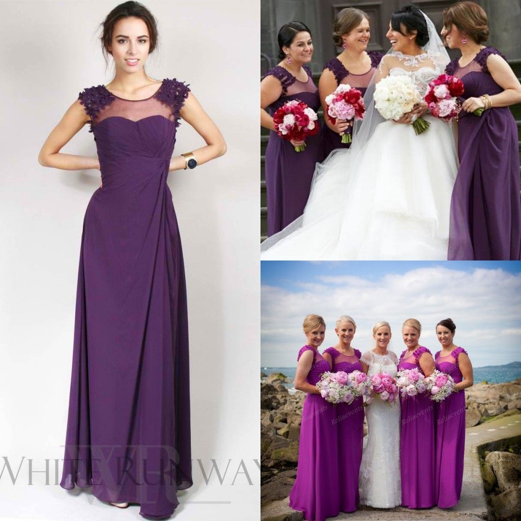 Purple/Lilac Bridesmaid Dresses Chiffon 2015 Sher Neck Flowers Long Cheap Maid Of Honor Dress