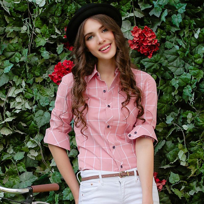 2017 1510 Pink Plaid Shirt Female Long Sleeve Loose Checked Shirt Women
