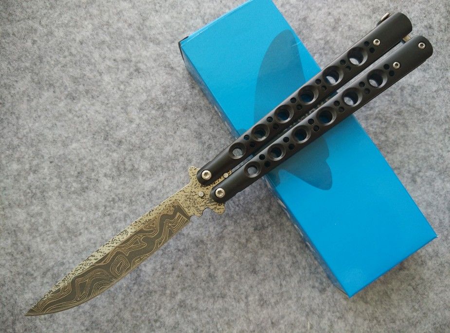 Promotion BM42 42 Fake Damascus Balisong Knife 440C Steel Acid Etched