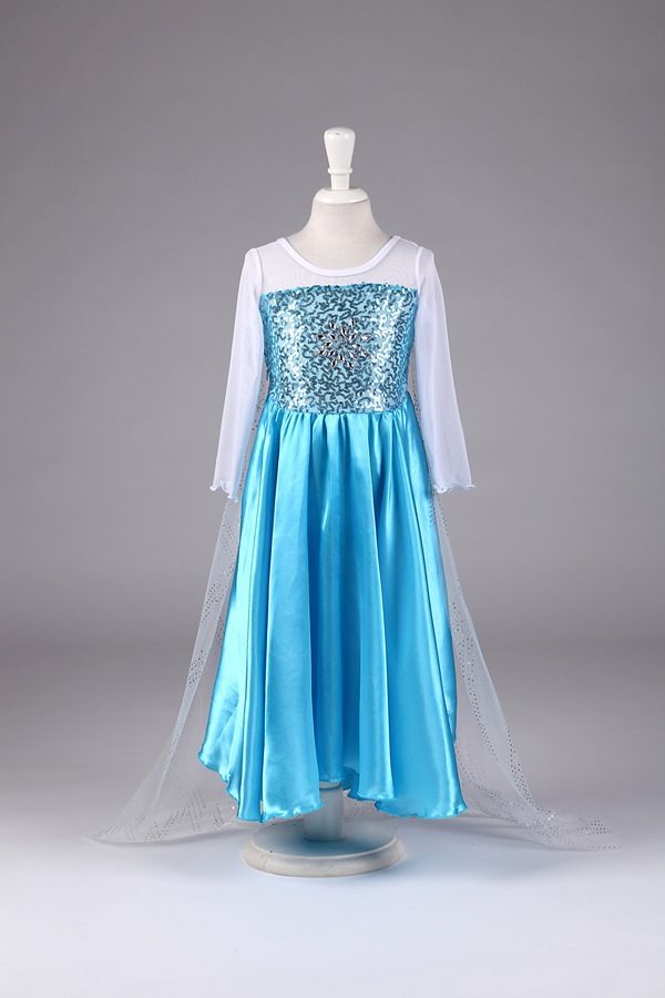 2015 Frozen Princess Dresses Blue Elsa Dresses With Diamond White Lace Wape Girls Party Dresses