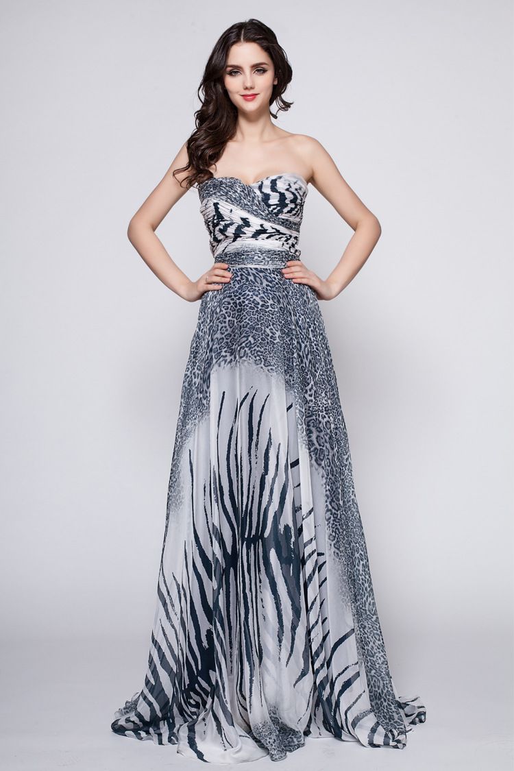 Zebra Chiffon Long Formal Evening Dress 2015 Sweetheart Sexy Plus Size Prom Gown Sweep Train