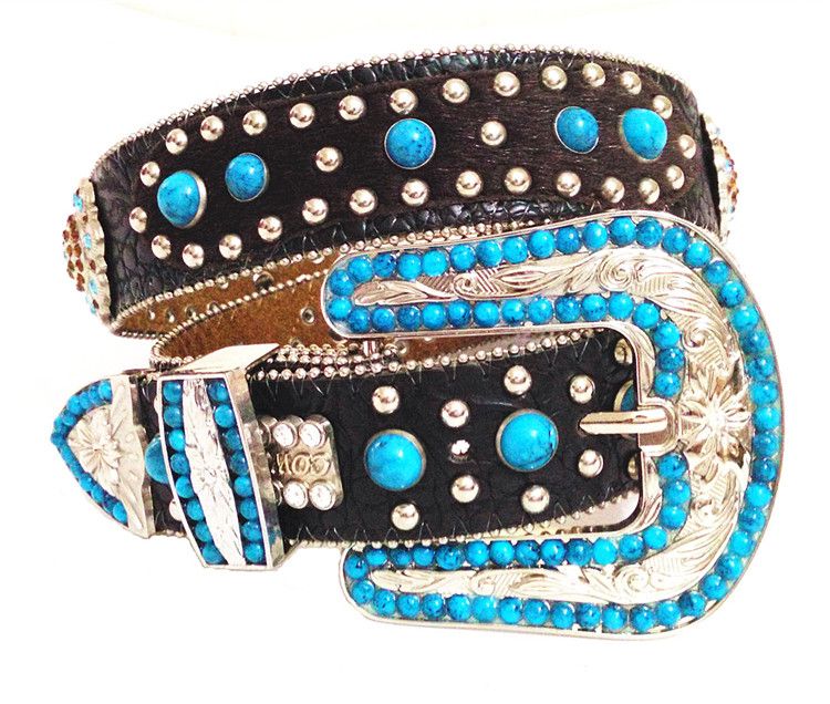 Women'S Western Cowgirl Belt Turquoise Rhinestone With Riverts Hair 1.5
