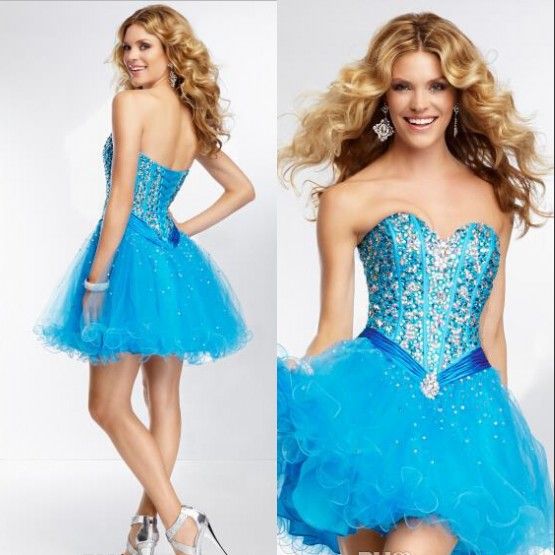 Short Mini Dress Blue Cocktail Gowns 2015 Beads Sequins A Line Tulle