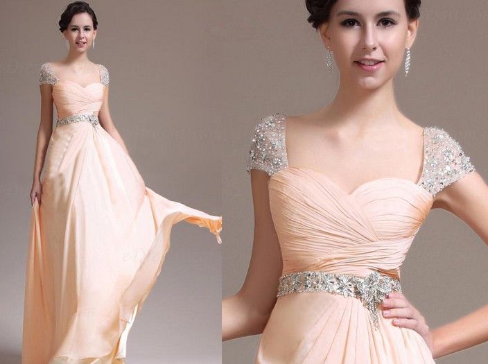 Summer Long Evening Dresses With Capped Sleeve Rhinestones 2017 New