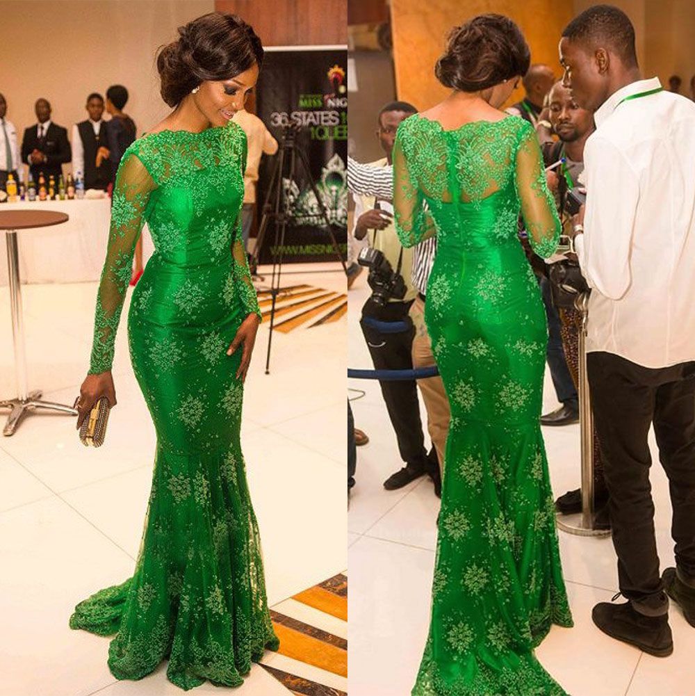 Miss Nigeria Celebrity Red Carpet Dresses Prom Emerald Green Lace Long