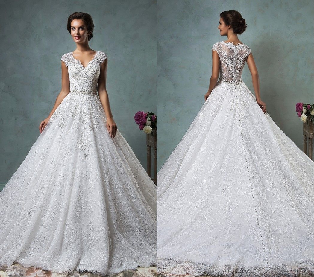 Amelia Sposa 2016 Lace Wedding Dresses V Neck Appliques A Line Sweep Train Elegant Fashion Sheer