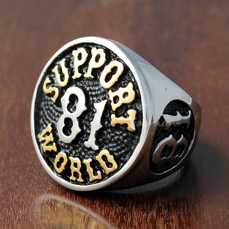 Men'S Vintage Support World 81 Silver Gold 316l Stainless Steel Ring