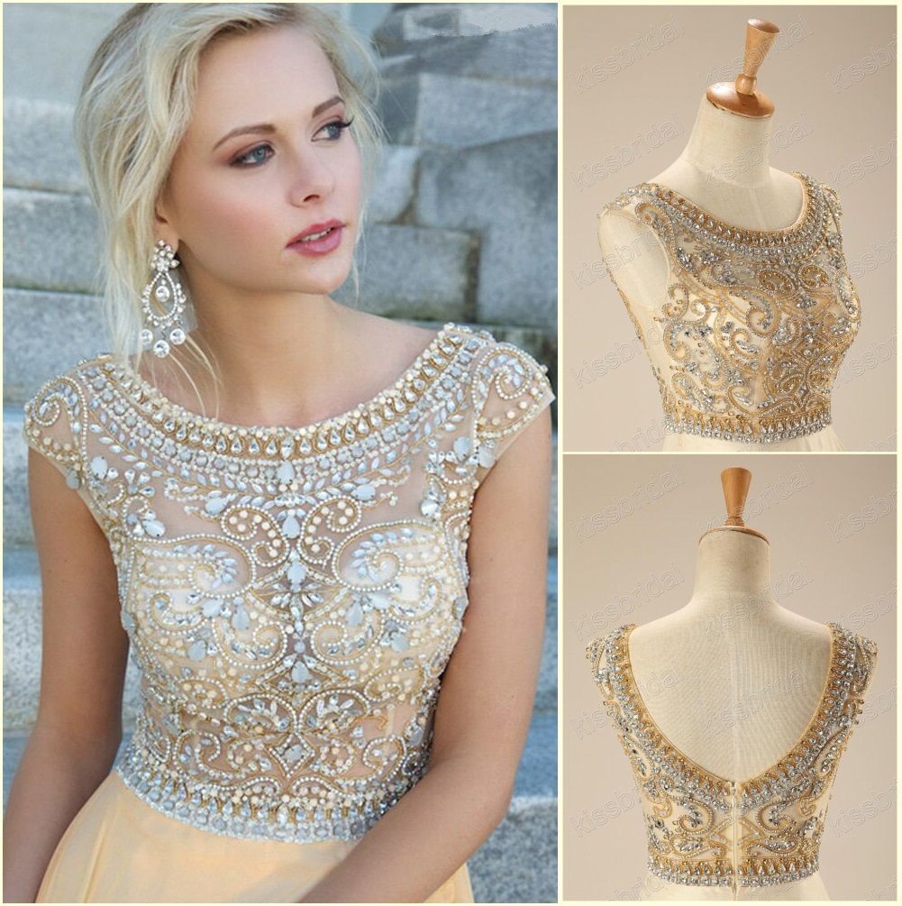 2016 Evening Dresses Crystals Beaded Scoop Neck Cap Sleeves Evening