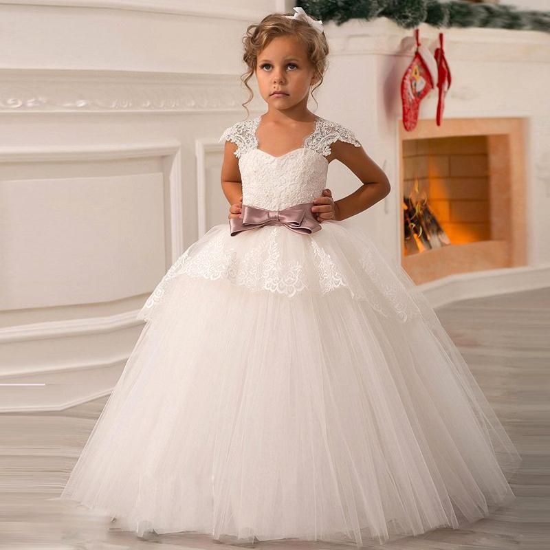 White Flower Girls Dresses For Weddings Ball Gown Lace And Tulle Sash