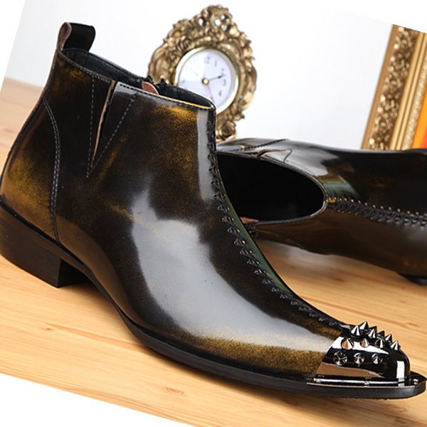 New Bronze Leather Formal Men Dress Ankle Boots Mens Zipper Shoes Metal