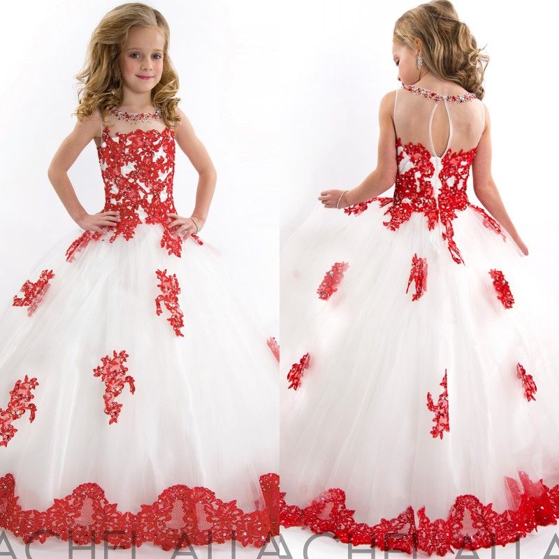 2015 Best Selling White And Red Flower Girls Dresses Jewel Neck Floor