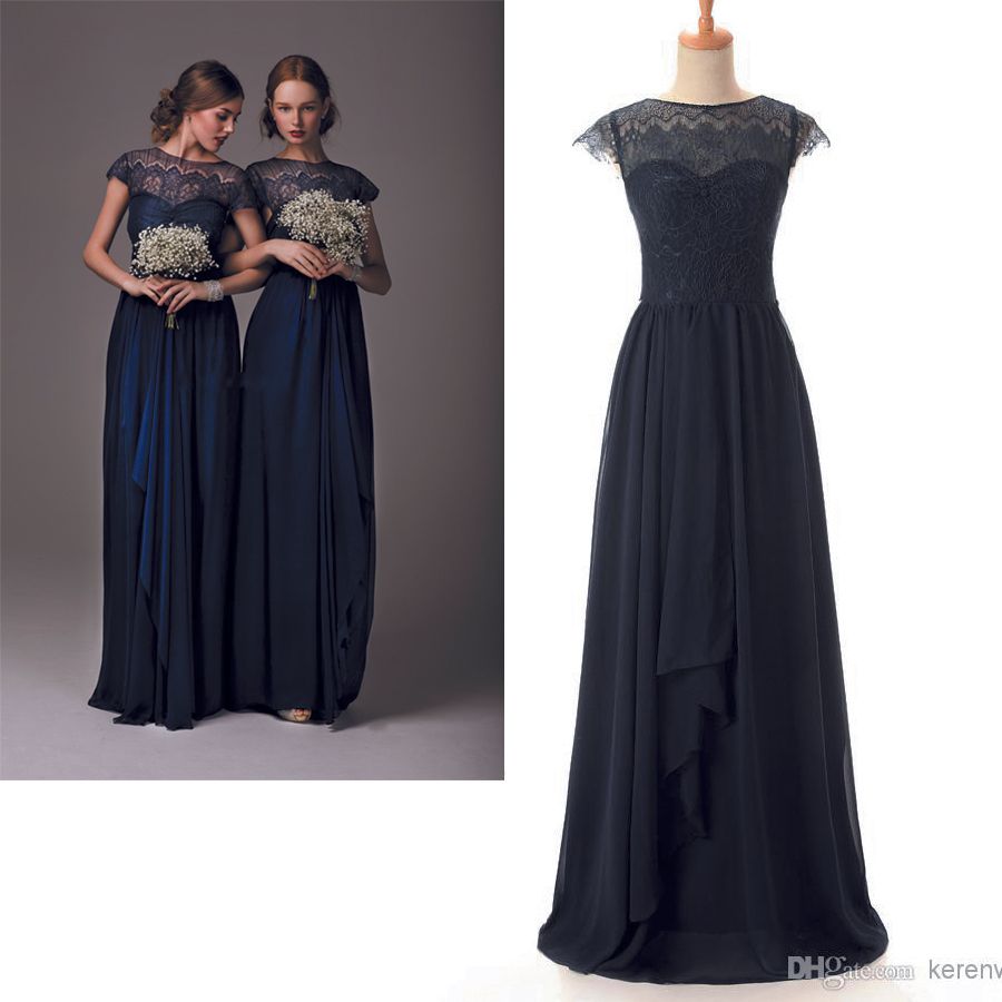 2015 Chiffon Junior Bridesmaid Dresses Navy Blue Sheer Lace Cap Sleeves