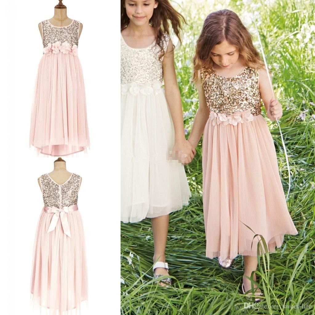 2015 Blush Flower Girls Dresses Gold Sequins Hand Made Flower Sash Tea