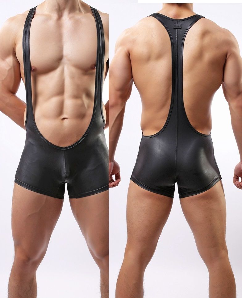 2016 One Piece Boxer Swimwear Men Faux Leather Bodysuit U Convex Male