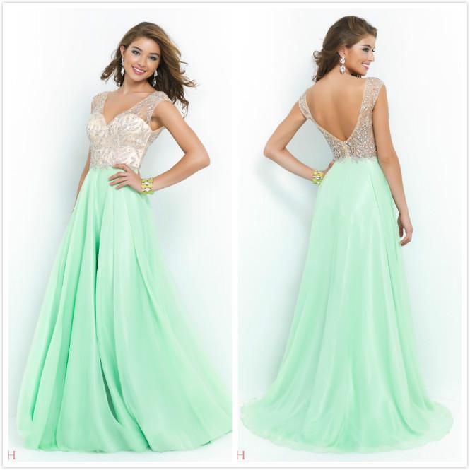 Blush 2015 Prom Dresses Cheap Party Dresses With V Neck Beads Crystals Mint Chiffon Backless
