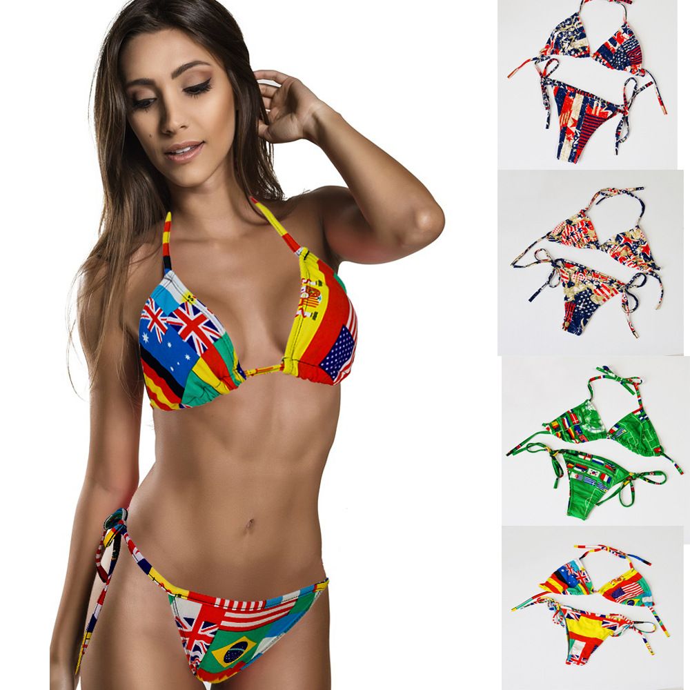 2015 Lady Bikini Union Jack Flag Swimwear UK Stars Stripes Flag Twist Padded Flag Halter Bathing