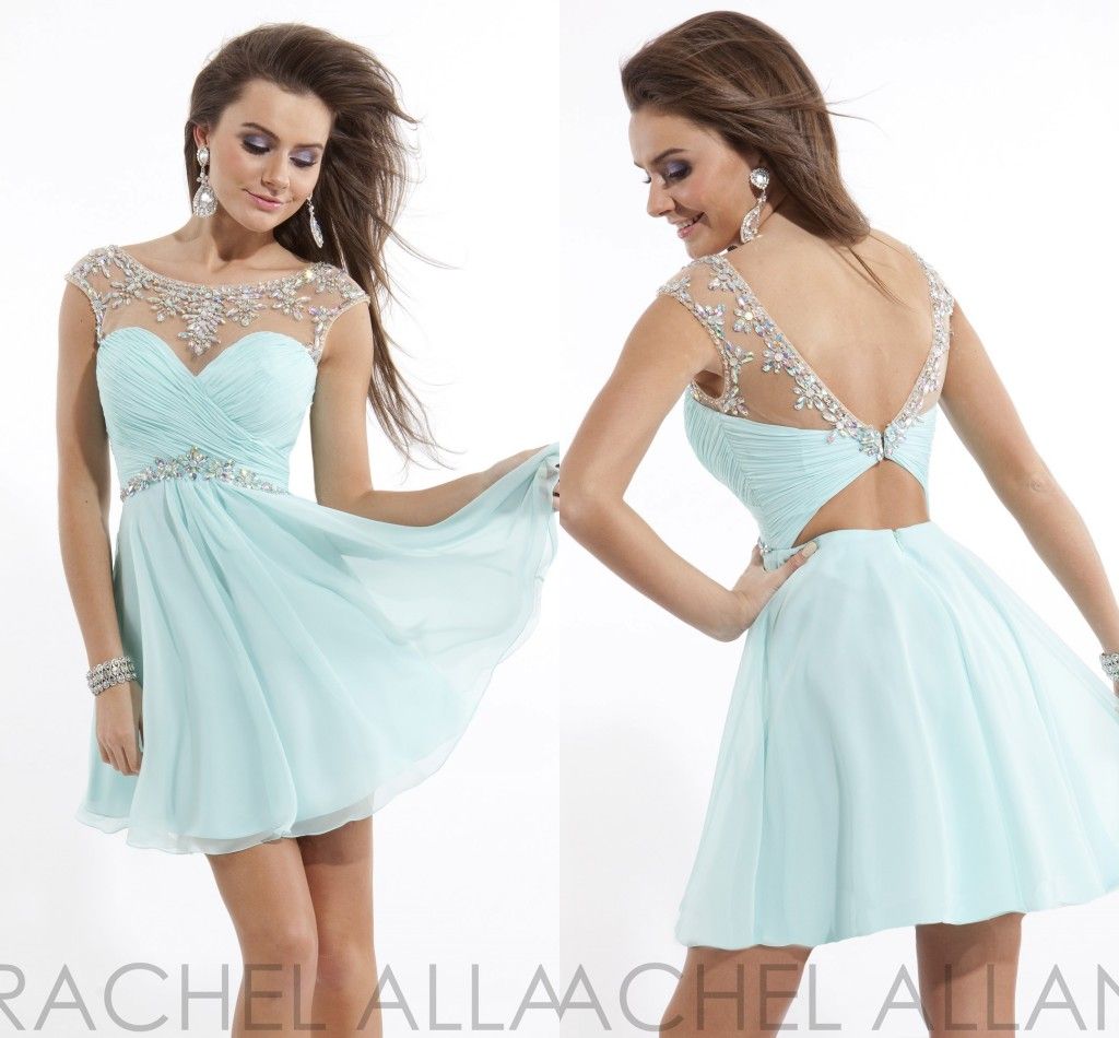 2015 Fresh Chiffon High School Dresses Sheer Neck Crystal Beaded Cap Sleeves Backless