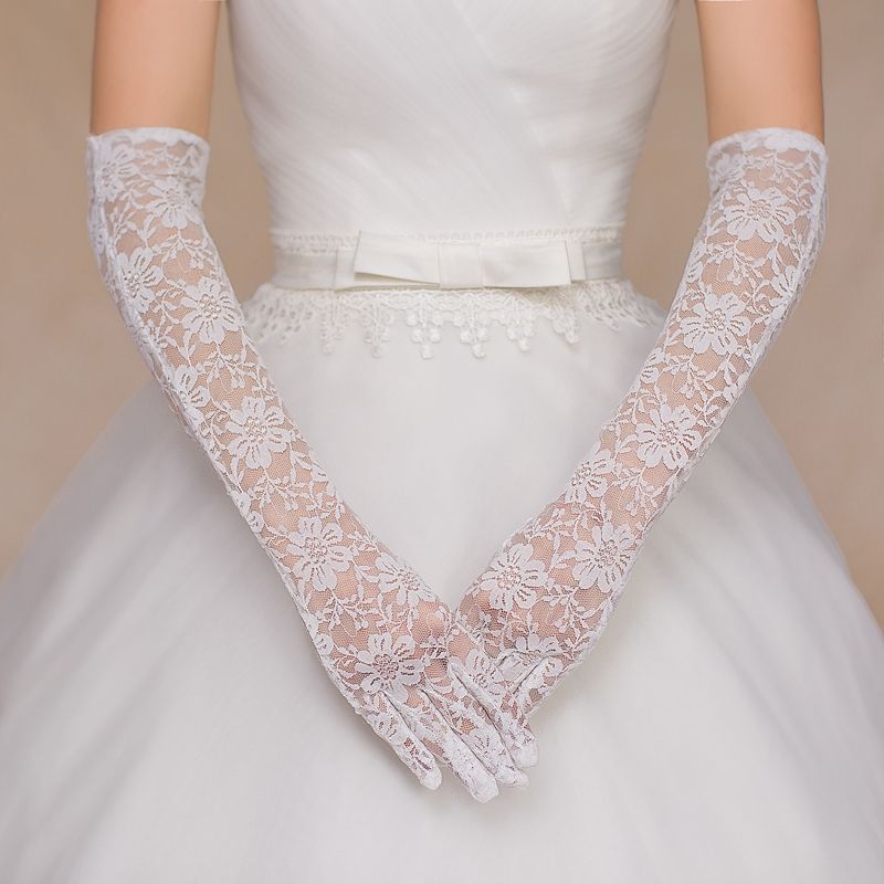 Cheap Lace Gloves Long Elbow Length Bridal Glove White See Through With