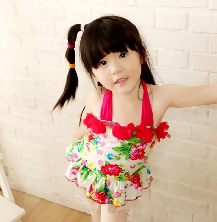 Korean Cute Girls Onepiece Swimwear Lace Layer Tutu Flower Pattern Attractive Beach Swim Girl