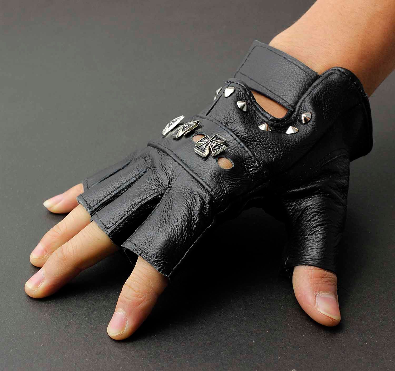 Men Real Leather Cross Stud Punk Rocker Driving Motorcycle Fingerless