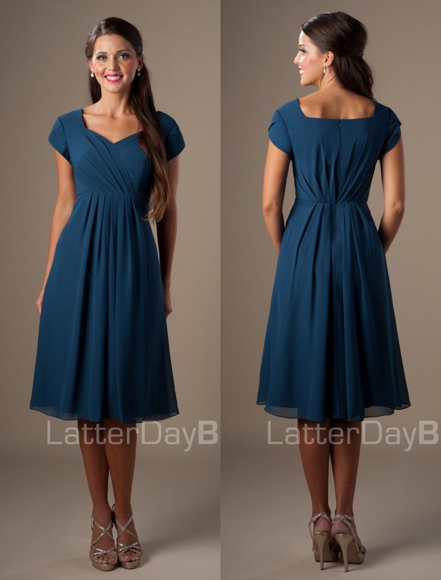 Slate Blue A Line Short Knee Length Modest Church Bridesmaid Dresses