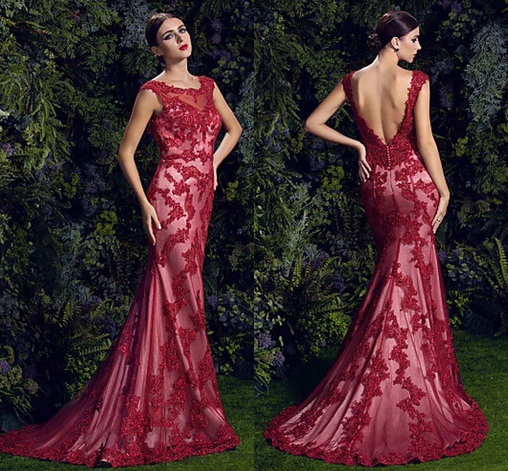 2015 Custom Sexy Backless Mermaid Scoop Lace Evening Dresses Red Court