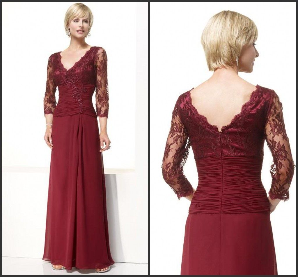 Burgundy Mother Of The Bride Dresses Chiffon 3/4 Long Sleeve Floor