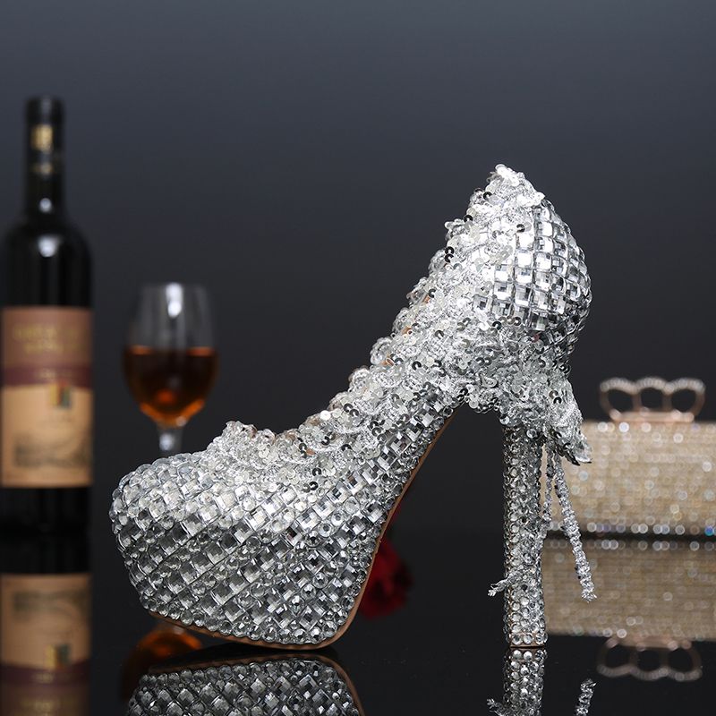 8cm/5cm heel ivory lace silver crystal wedding shoes bride platforms plus size HS387 round toes 