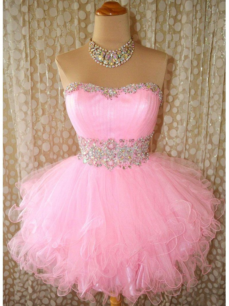 Cheap Short Puffy Prom Party Dresses Poofy Ball Gown Beaded Pink Tulle