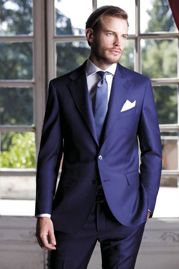 New Desig Notch Lapel Blue Groom Tuxedos Slim Fit Business Suit