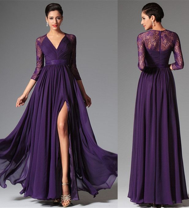 Deep Purple Long Evening Dresses V Neck 3/4 Lace Sleeves Empire Waist