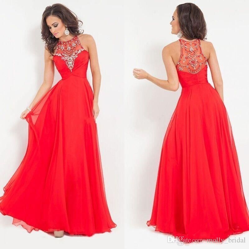 2015 Cheap Red Long Prom Dresses Crystal Top A Line Chiffon Floor