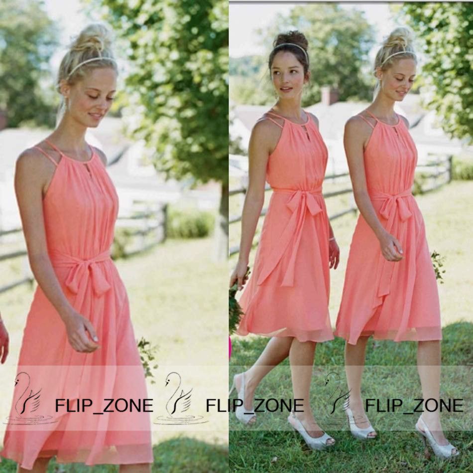Short Coral A Line Bridesmaid Dresses With Halter Chiffon Knee Length