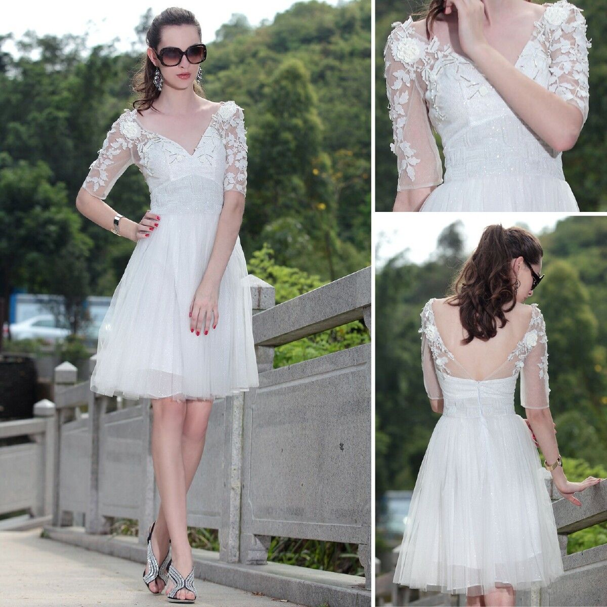 V Neck Ivory A Line Cocktail Dresses Applique Lace Prom Dress Charming