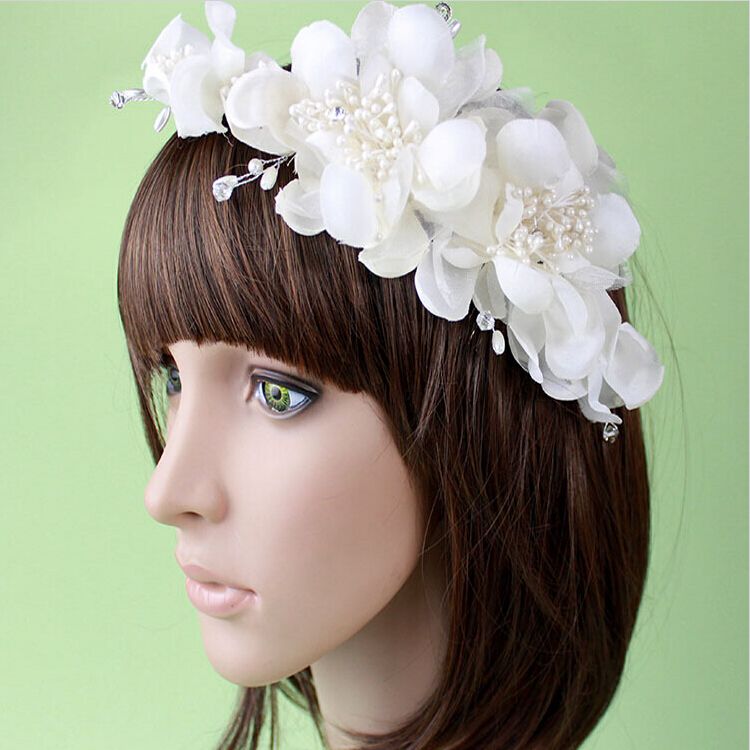 Korean Styles Handmade White Artificial Silk Flower Pearl Crystal