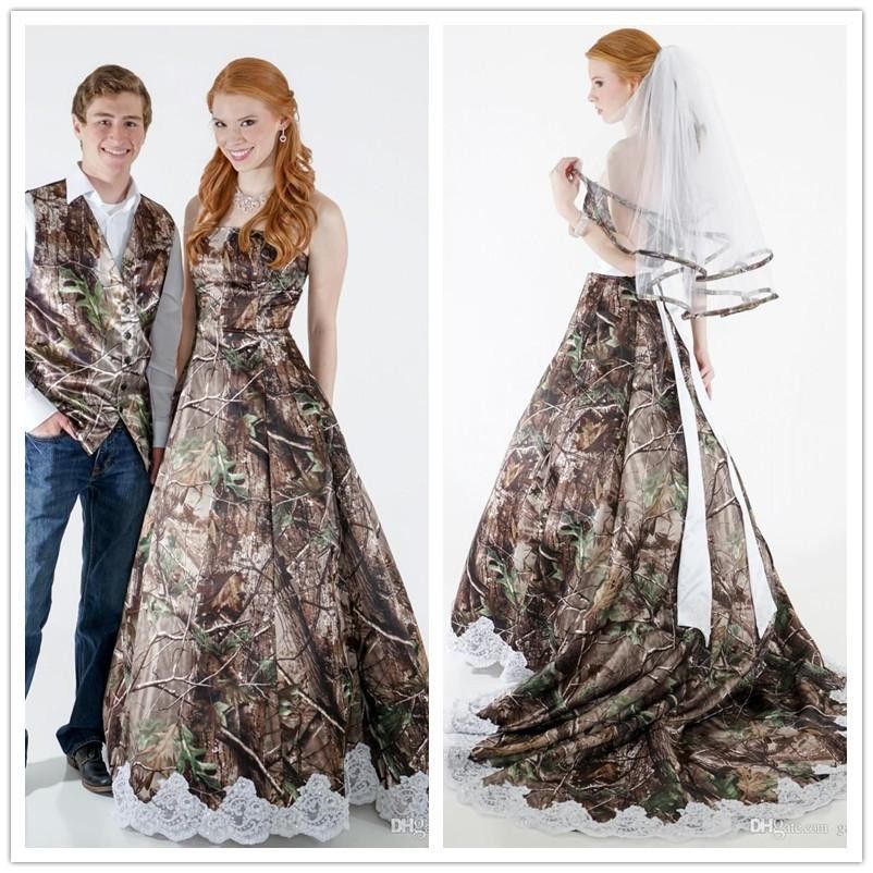 2015 Camouflage Wedding Dresses With Bridal Veil Strapless A Line Sweep